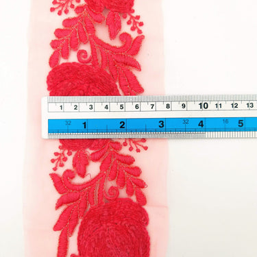 Salmon Pink Soft Net Fabric Lace Trim with Floral Embroidery, Lace Trim, Sari Border